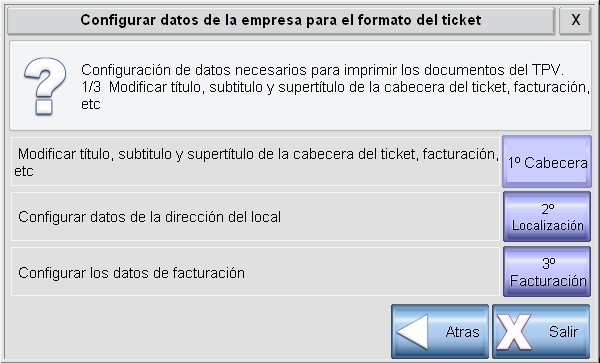 Pantalla configurar datos de la empresa para el formato ticket